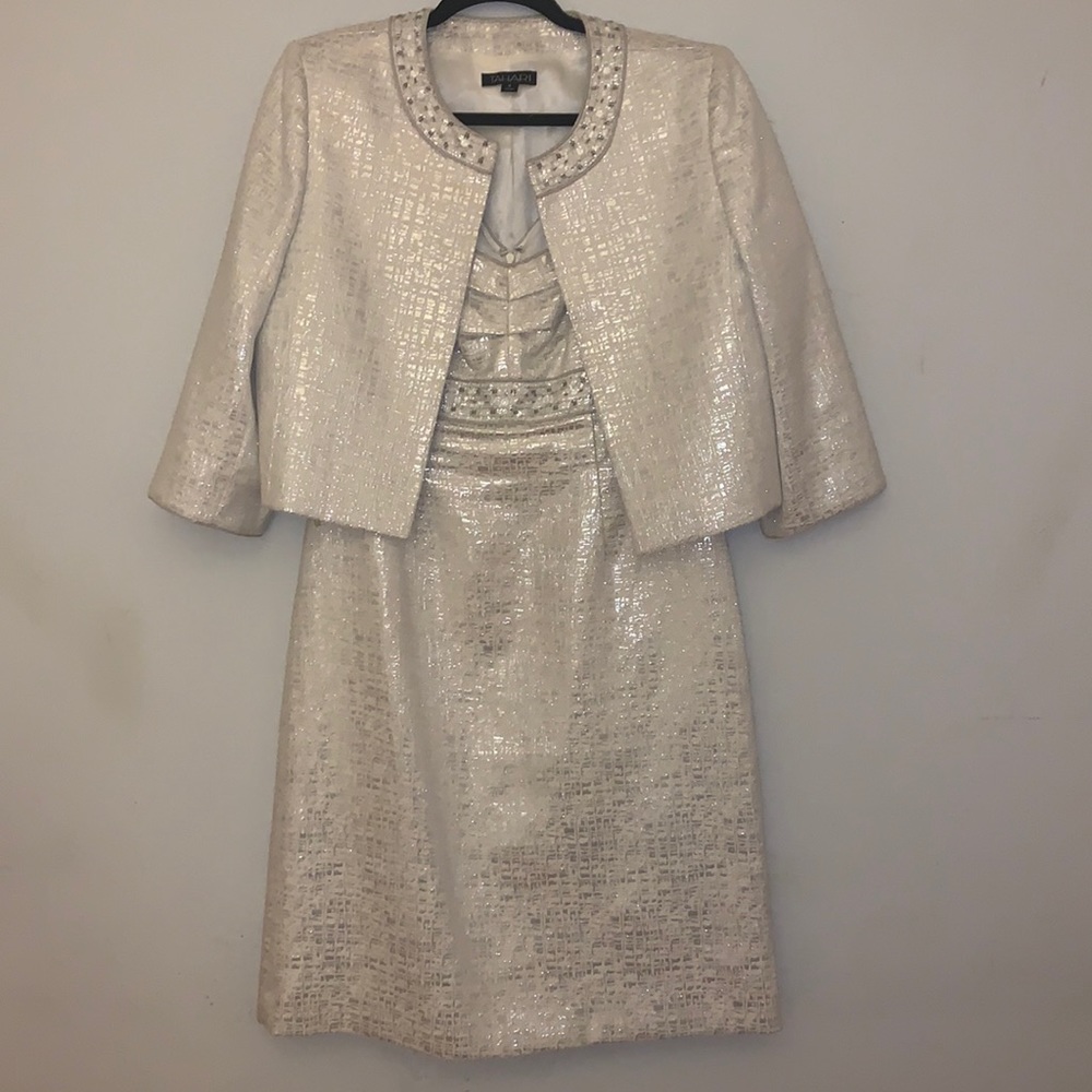 Tahari  2 piece dress and jacket set. Silver.